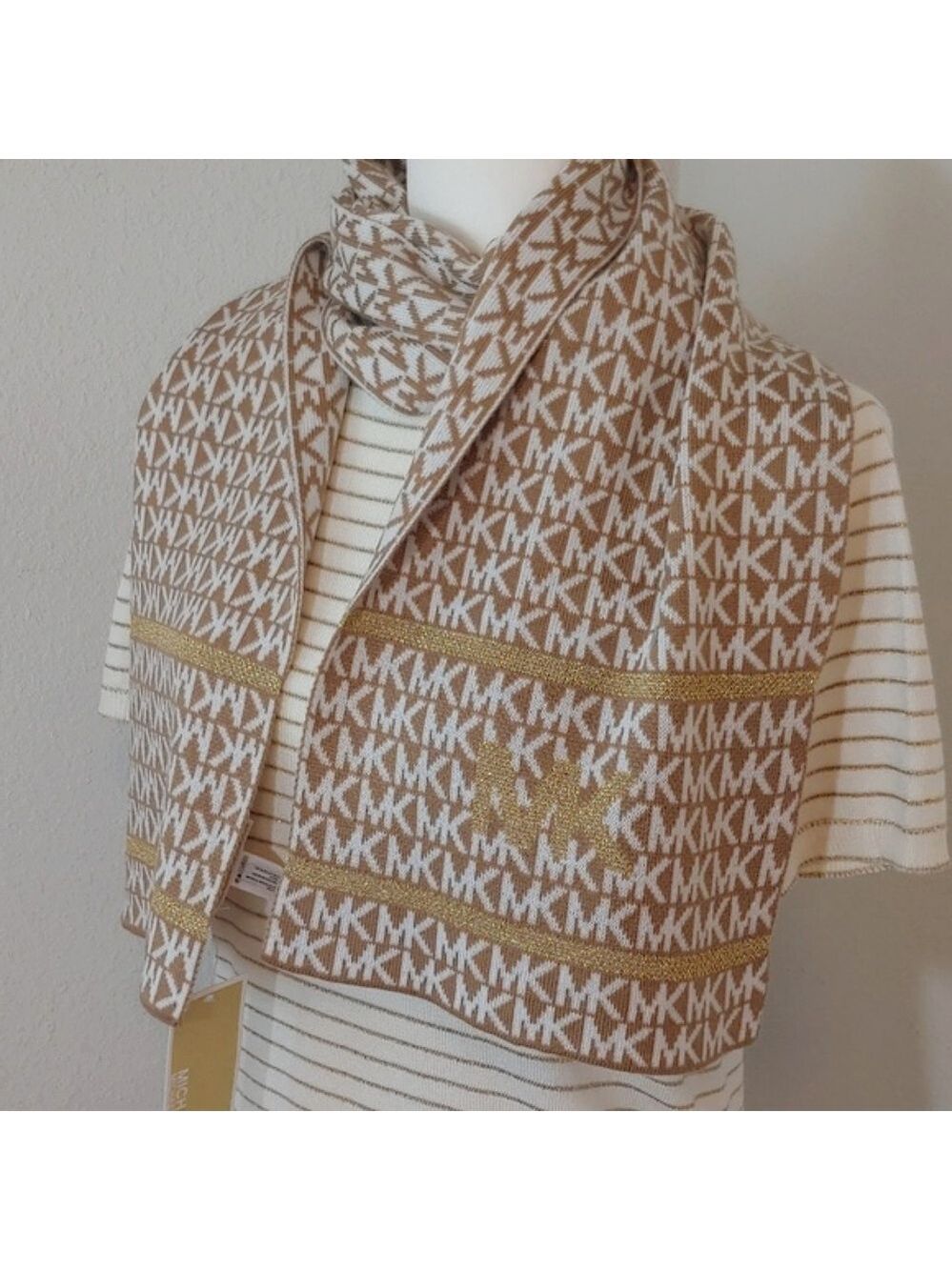 Michael Kors Signature Women's Knit Scarf in Tan & Cream Metallic Accents NWT - Picture 5 of 13